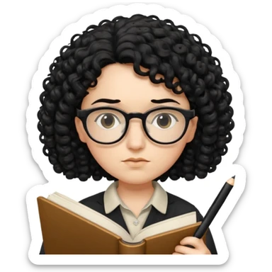 writer holding pen in hand and closed book in other hand, with black curly hair and wearing glasses sticker