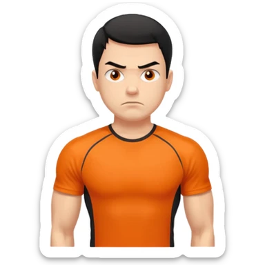 Mach mir einen unglücklichen typen der im gym trainert und viele muskeln hat mit einem orangen sport thshirt und schwarzen kurzen haaren sticker