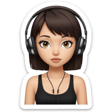 generate a pretty bratz girl in black cami top, dark brown straight bob hair with bangs, eyeliner on, listeninh to music sticker