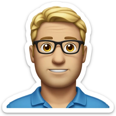 Emoji of a man with glasses, no beard, white skin and a thick build, wearing a blue polo shirt sticker