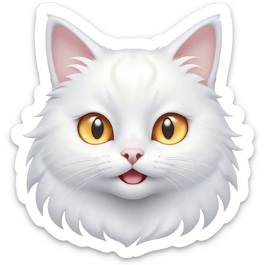 Cinematic Comical White Cat Portrait Emoji, Head tilted in an exaggerated, surprised manner with wide, sparkling eyes, showcasing a pristine white fur with subtle hints of silver and an animated, goofy expression, simplified yet whimsically detailed, glowing with a playful, bright radiance, high shine, exuding a lighthearted and comical charm, styled with a soft glowing outline, capturing the essence of a white cat that looks ready to prance comically off the screen! sticker