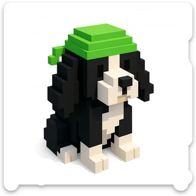 A black and white Russian Cocker Spaniel puppy wearing a green durag, voxel style, sitting sticker