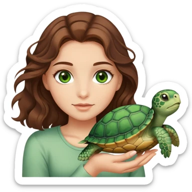 Girl with medium brown wavy hair and green eyes holding a turtle  sticker