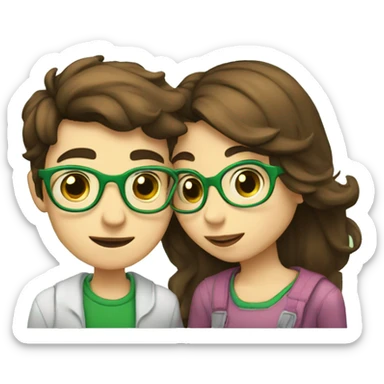 A boy with brown hair and a mustache is kissing a green haired girl wearing glasses sticker