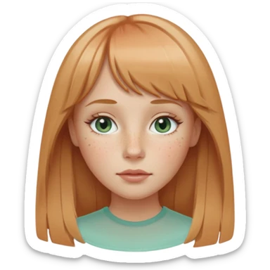 girl with oval face, fair cool skin, freckles, long strawberry-blonde hair, center part, wispy bangs, almond sea-glass eyes, sandy-blonde arched brows, straight nose, rose lips sticker