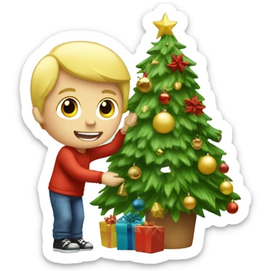 Blonde Boy decorating Christmas tree sticker