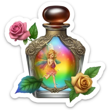 Rainbow magic fairy sparkling old Antique oil perfume bottle with herbal and rose flowers sticker