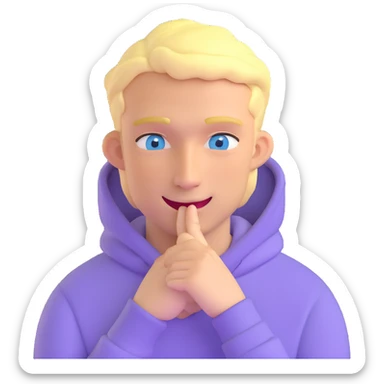 blonde man with blue eyes, lilac hoodie, winking sticker