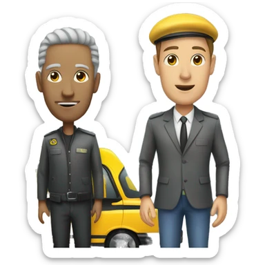 taxi driver with his taxi standing in front of another person sticker