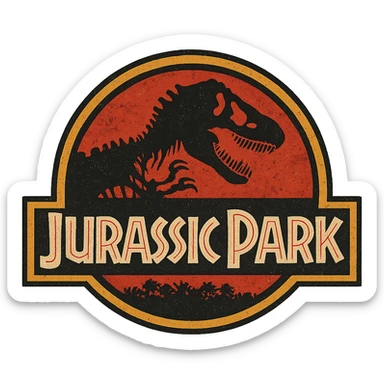 A classic Jurassic Park logo with a dinosaur skeleton silhouette, bold and iconic design, strong contrast, vintage style sticker