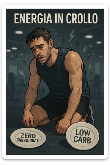Uomo sportivo sui 30 anni in palestra, inginocchiato, esausto, con il volto sudato e un’espressione di forte stanchezza. Le luci della palestra sembrano sfocate, a simboleggiare confusione mentale. Accanto a lui, piatti vuoti con scritte tipo 'zero carboidrati', 'low carb'. I muscoli appaiono sgonfi e senza tono, mentre piccoli simboli di energia (come fulmini grigi spenti) si allontanano dal suo corpo. In alto, la scritta 'Energia in crollo'. Atmosfera spenta, colori freddi, sensazione di vuoto e affaticamento. in italiano sticker