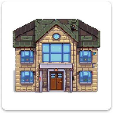 school building with windows and entrance sticker