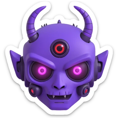 purple demon bot face only, robotic details, small horns, glowing purple eyes, cute expression, 3D look sticker