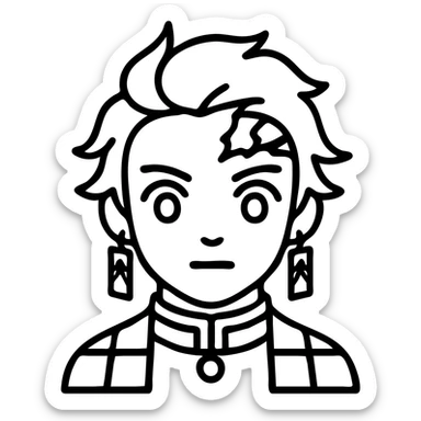 Tanjiro Kamado from Demon Slayer, outlined icon style, simple lines, close-up face, hanafuda earrings visible, checkered haori collar sticker