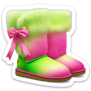 Realistic pair of hot pink to lime green ombre fur Ugg boots with silk ribbon bows. sticker