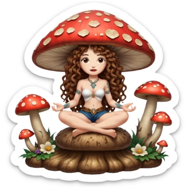 full body view of a woman with long curly brown hair, brown eyes, white skin, tattoos, sitting on a giant mushroom throne, legs crossed, mystical queen vibe sticker
