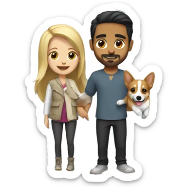 blonde girl with arab guy holding a corgi in their arms sticker