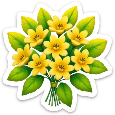 Generate a high-quality image of a bouquet of flowers dominated by yellow blooms, with a mix of green leaves, realistic colors and shading, smooth gradient colors, no human figures, no facial features, no brand markings, simple white background, high-resolution.
 sticker