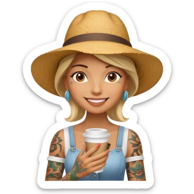 Tattooed lady in sunhat holding coffee cup sticker