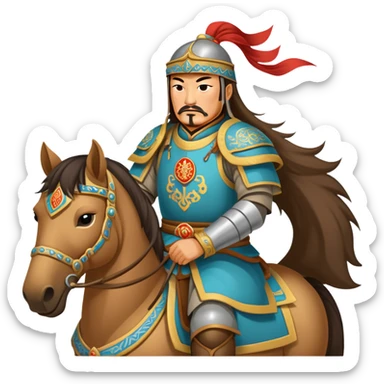 Genghis Khan on horseback with traditional Mongolian armor sticker