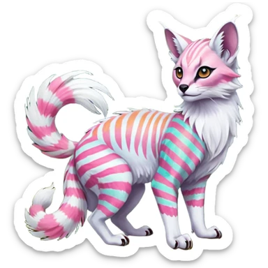 Colorful tropical feathery tribal pale light fruity pastel white glorious iridescent divine exotic cute albino neon vibrant zigzagged cool beautiful fantasy-caracal-civet-genet-sergal-vernid-Gryphon-Cacomistle-Trico-oncilla-animal-Fakémon-hybrid-fursona (full body), facial markings,  sticker