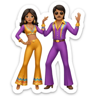hombre y mujer bailando con ropa de disco de los 70s ambos con pantalones largos, ambos de pelo oscuro sticker