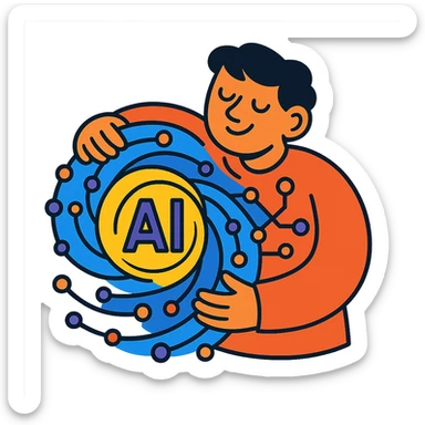 person embracing a swirling neural network symbolizing AI sticker
