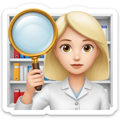 emoji of white empty shelf in perspective view with a woman nearby, she is looking at the shelfs with a magnifying glass sticker