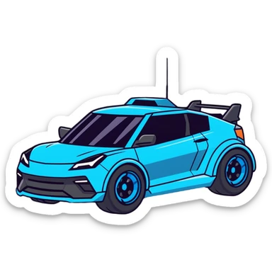 Futuristic retro hover car with angular design and glowing blue wheels, flat vector style, minimal color palette with blue highlights sticker