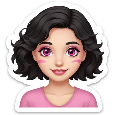 smiling girl with black wavy hair swept to the left, pink eye makeup smudged, no pink on cheeks sticker