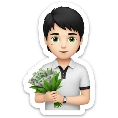 generate a pretty fair bratz boy with a messy mullet (black hair), wearing a white polo.  carrying a bouquet made of money sticker