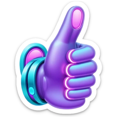 futuristic glowing thumbs up, neon purple and cyan light, dark background, digital tech style sticker