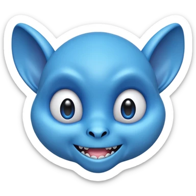 round emoji head of blue alien with floppy ears, sharp teeth, wide eyes, mischievous smile, vibrant, cartoonish, 3D style, soft shading, bold outlines sticker