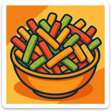 a bowl filled with assorted veggie straws, bright and appetizing, cartoon style sticker