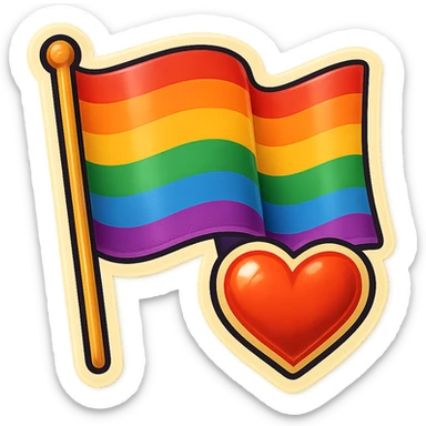 gay pride rainbow flag, waving, with a heart, retro sticker style sticker