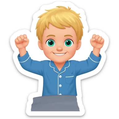 Use the same 3 year old blonde boy with blueish-green eyes, it should be the same boy as before  happy with plain blue pajamas raising both arms up and hands like fists, sitting on the bed, the bed should be gray sticker