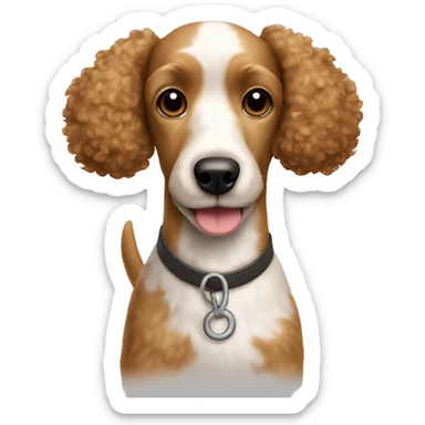 small light brown poodle dog with big jack russell terrier sticker