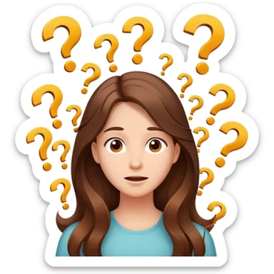 Happy Confused girl with long brown hair surrounded by floating question marks elegant cute  sticker