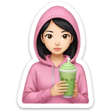 Asian woman with medium lenght black hair, brown eyes, pink hoddie, holding Matcha frappe sticker