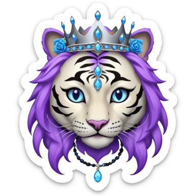 ESO Female white/black tiger khajiit leader of the umbral rose, glowing blue eyes, glowing blue 'third eye' gem, black beaded dreadlocks; silver crown/tiara with purple gems sticker