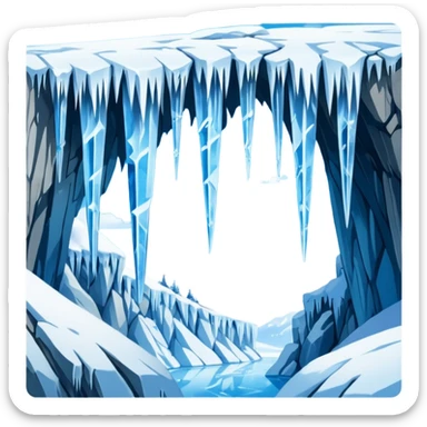 A stunning winter scene showing long, sharp icicles hanging from a frozen cliff or ledge, glistening in bright daylight. The surface is covered in snow and ice, with a cold blue and white color palette, highly detailed, realistic lighting, and frosty atmosphere. sticker