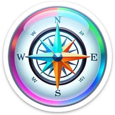 A glowing holographic compass with vibrant neon colors, inside a crystal-clear floating sphere sticker