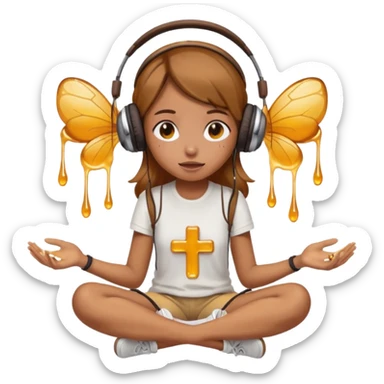 This girl(🧘🏻‍♀️) is sitting cross-legged in a meditation pose, wearing headphones(🎧) and listening to music. The song is so good that honey is dripping from her ears, and her expression is completely dazed because she’s enjoying the music so much. sticker