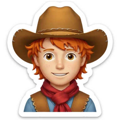 a wavy orange hair boy wearing a cowboy hat with a mischievous grin and freckles with western red scarf on his neck sticker