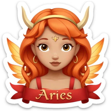 Poster-style sticker, pastel background. In the center: cute cartoon fairy-tale character. On top: bold title text ‘ARIES’. Below in cursive: ‘Fire Fairy’. At the bottom: short description text: ‘Brave, passionate, always leading.’ Keep the text readable, Instagram aesthetic.” sticker