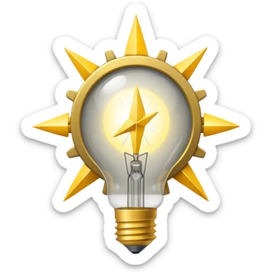 a gray gear with yellow curved raising arrow behind it on the right side, and then a small golden beaming light bulb on the left side sticker