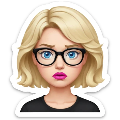 Blonde woman with short wavy hair, blue eyes and pink lips wearing black glasses looking angry sticker