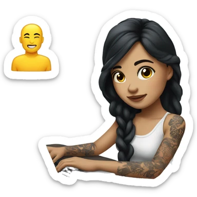 beautiful girl, with arm tattoos, with long black hair, wavy hair, chinese, with laptop sticker