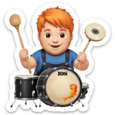 A chubby orange hair fan pounding a bass drum, cheeks puffing with energy with paints on his cheeks sticker