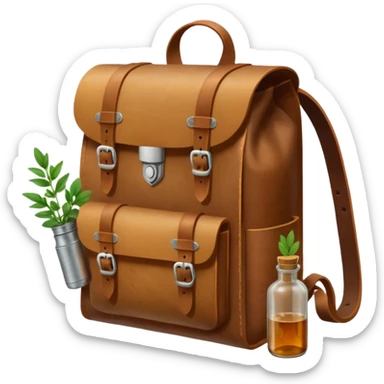 A sturdy, weathered leather backpack with metal-reinforced flaps. A rolled parchment and fresh herbs stick out from its pockets, while a small corked bottle rests at the front. It looks practical, rugged, and ready for any journey. sticker